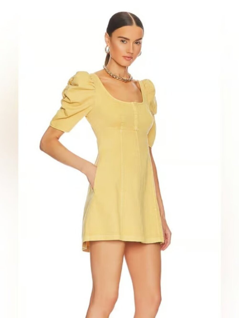 Free People Cheyenne Denim Mini Dress Scoop Neck Short Sleeve Yellow Size Small